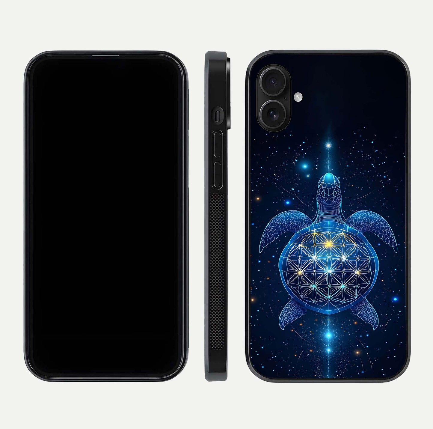 Crimson Blue Turtle Glass Case for iPhone 16 Plus dual-view layout displaying ocean tones and HD finish
