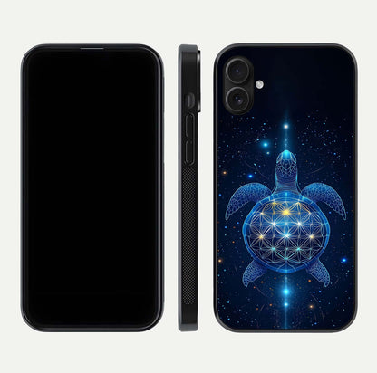 Crimson Blue Turtle Glass Case for iPhone 16 Plus dual-view layout displaying ocean tones and HD finish