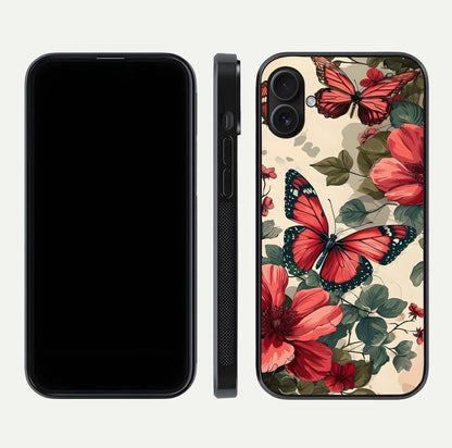 Crimson Butterfly Garden Glass Case for iPhone 16 Plus dual-view layout displaying floral patterns and edge finish