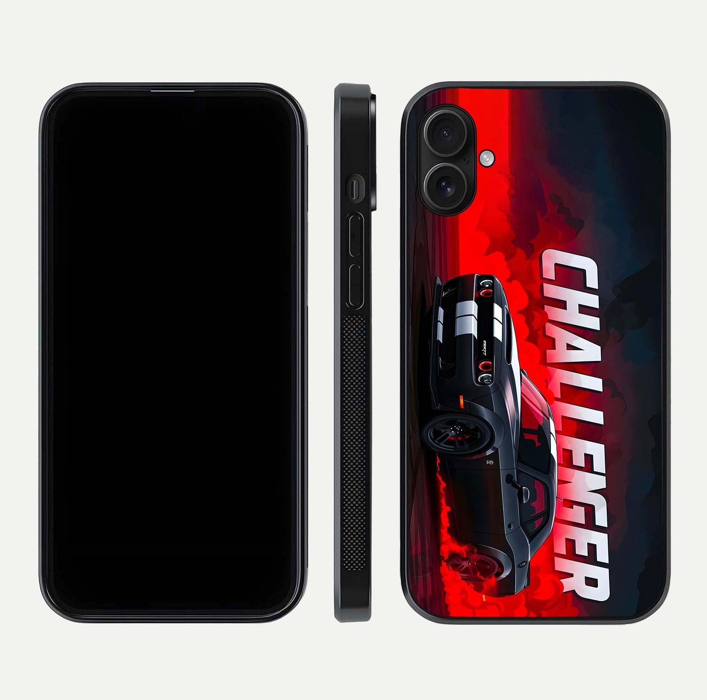 Crimson Challenger Fury Glass Case for iPhone 16 Plus dual-view layout displaying bold tones and edge polish