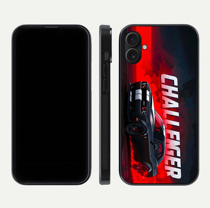 Crimson Challenger Fury Glass Case for iPhone 16 Plus dual-view layout displaying bold tones and edge polish