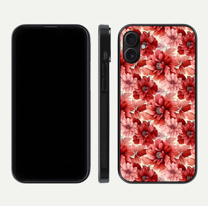 Crimson Love Petals Glass Case for iPhone 16 Plus dual-view layout displaying floral charm and curved glass