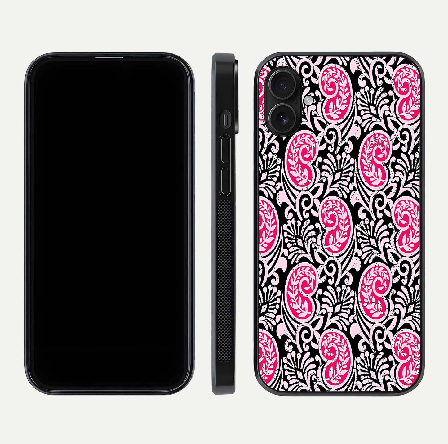 Crimson Paisley Charm Glass Case for iPhone 16 Plus dual-view layout displaying HD print and curved polish
