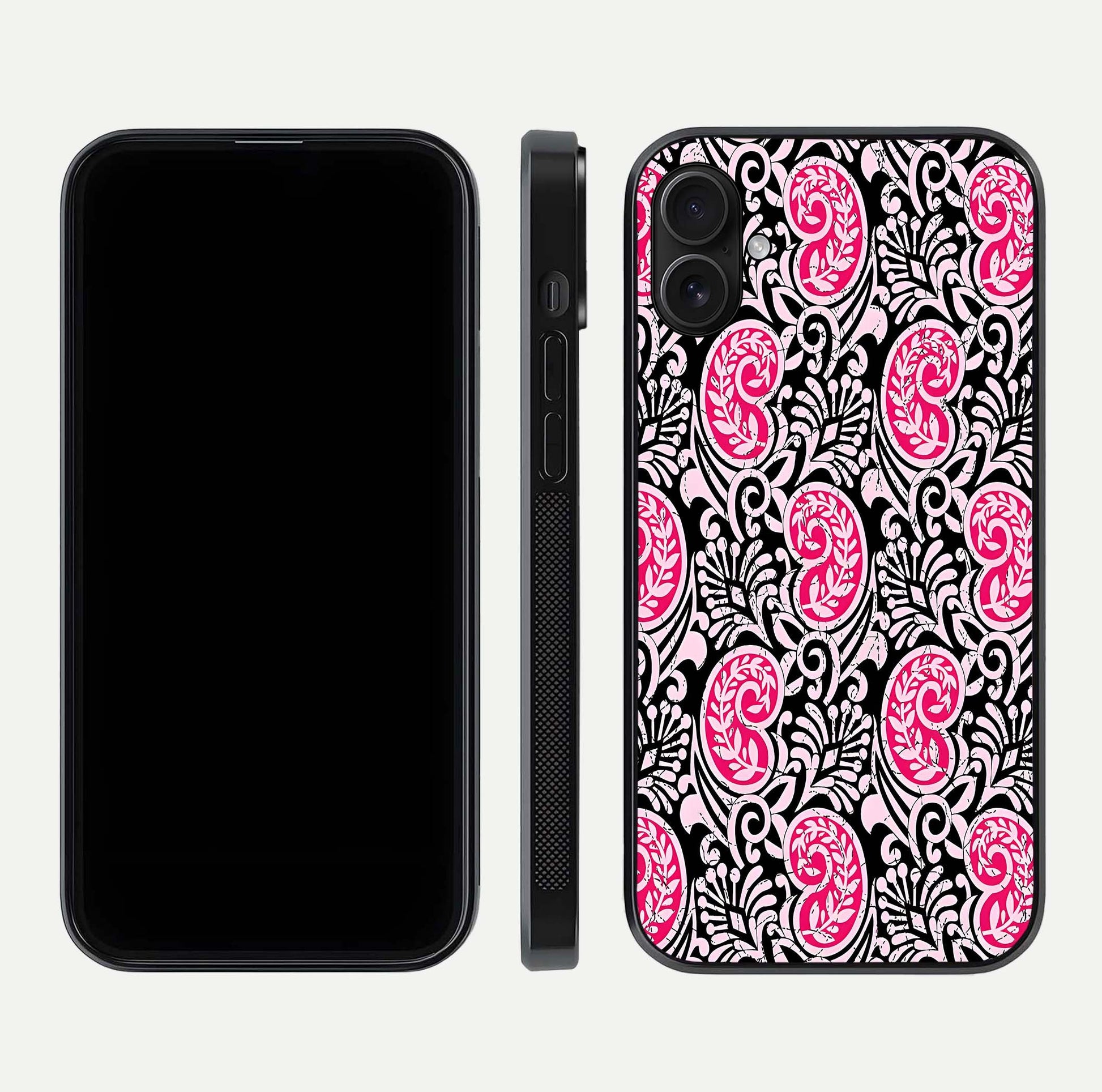 Crimson Paisley Charm Glass Case for iPhone 16 Plus dual-view layout displaying HD print and curved polish
