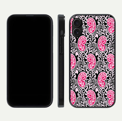 Crimson Paisley Charm Glass Case for iPhone 16 Plus dual-view layout displaying HD print and curved polish