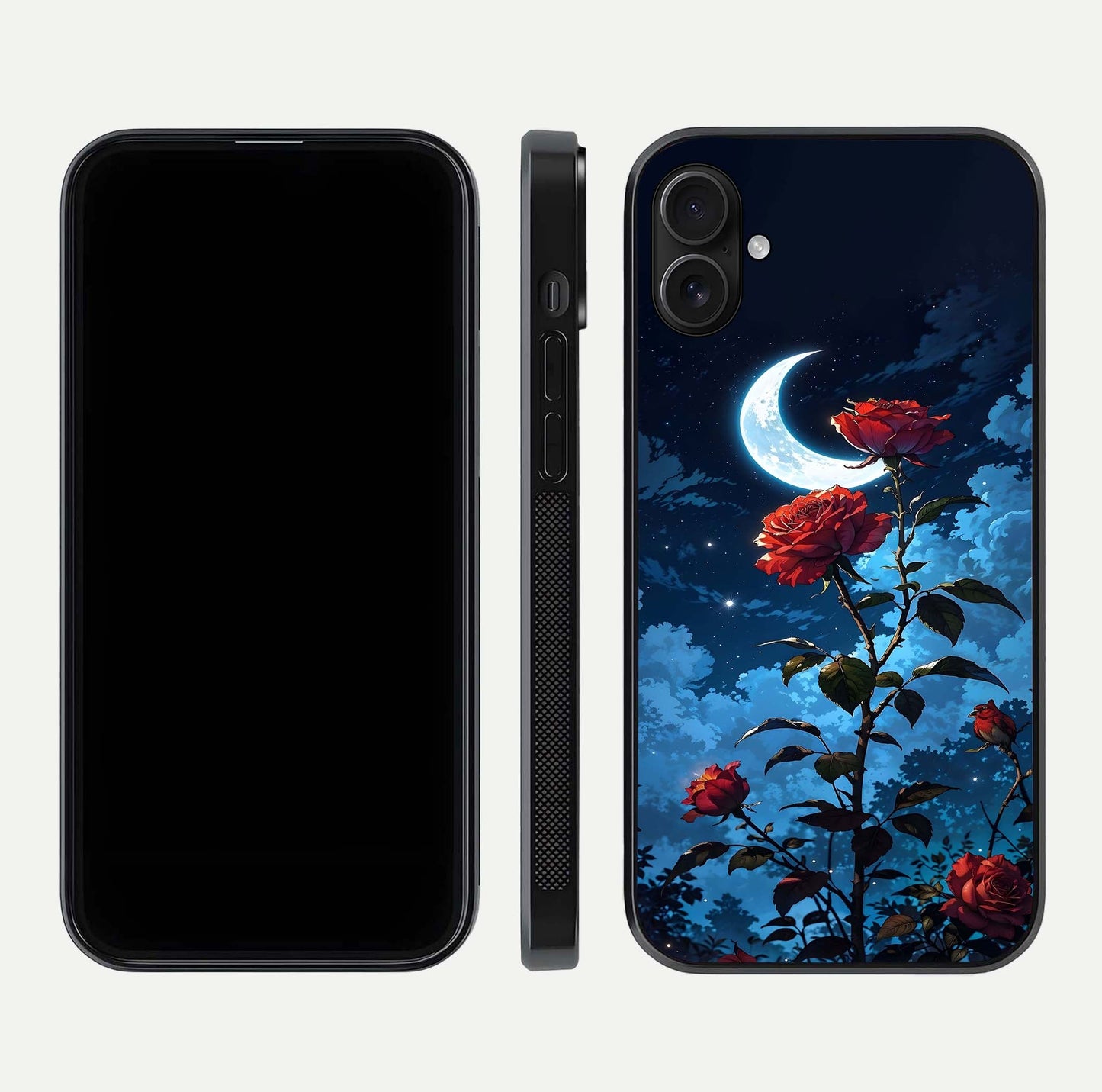 Crimson Rose Moon Glass Case for iPhone 16 Plus dual-view layout displaying red tones and soft gloss