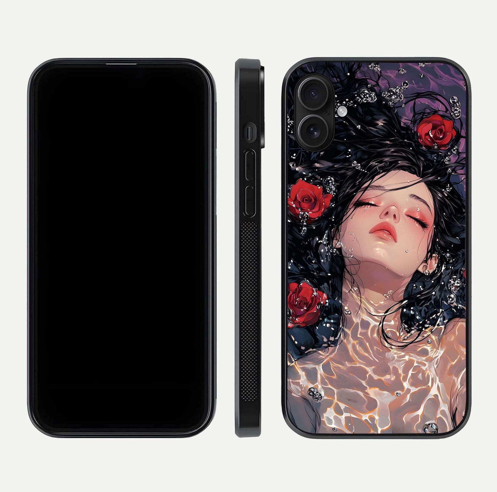 Crimson Rose Serenity Glass Case for iPhone 16 Plus dual-view layout displaying serenity tones and curved glass