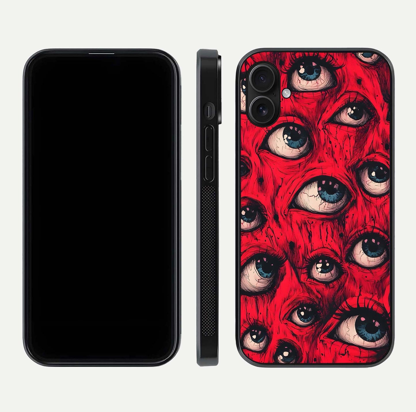 Crimson Watch Eyes Glass Case for iPhone 16 Plus dual-view layout displaying abstract tones and curved edges