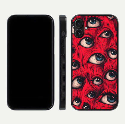 Crimson Watch Eyes Glass Case for iPhone 16 Plus dual-view layout displaying abstract tones and curved edges