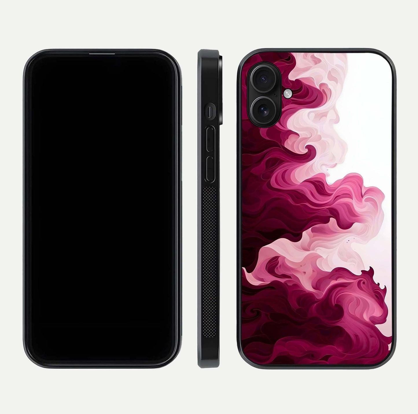 Crimson Wave Flow Glass Case for iPhone 16 Plus dual-view layout displaying curved wave art and polished surface