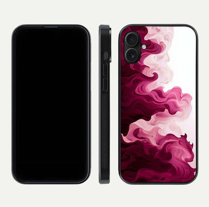 Crimson Wave Flow Glass Case for iPhone 16 Plus dual-view layout displaying curved wave art and polished surface