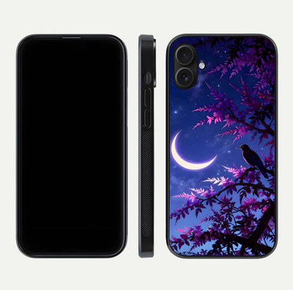 Crow & Moon Scenery Glass Case for iPhone 16 Plus dual-view layout displaying night sky art and curved glass edges