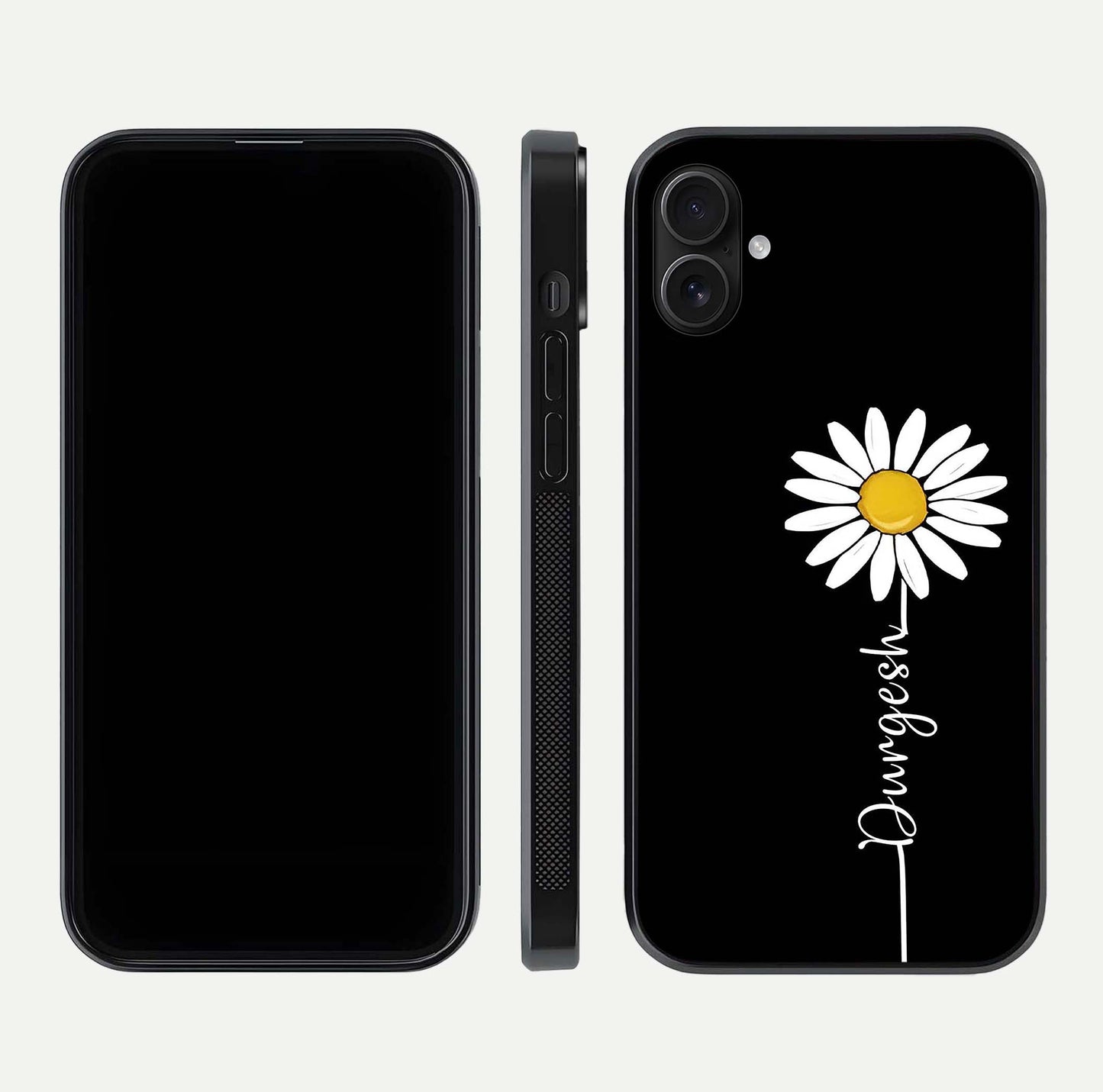 Custom Name White Flower Glass Case for iPhone 16 Plus dual-view layout showing elegant floral tone and curved edge finish