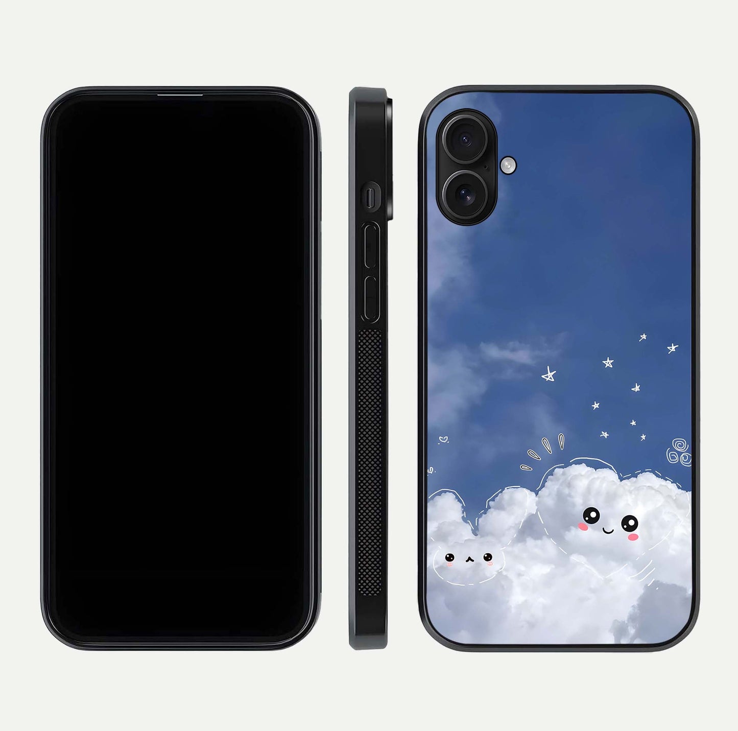 Cute Blossom Cloud Glass Case for iPhone 16 Plus dual-view layout displaying cute floral clouds and polished edge