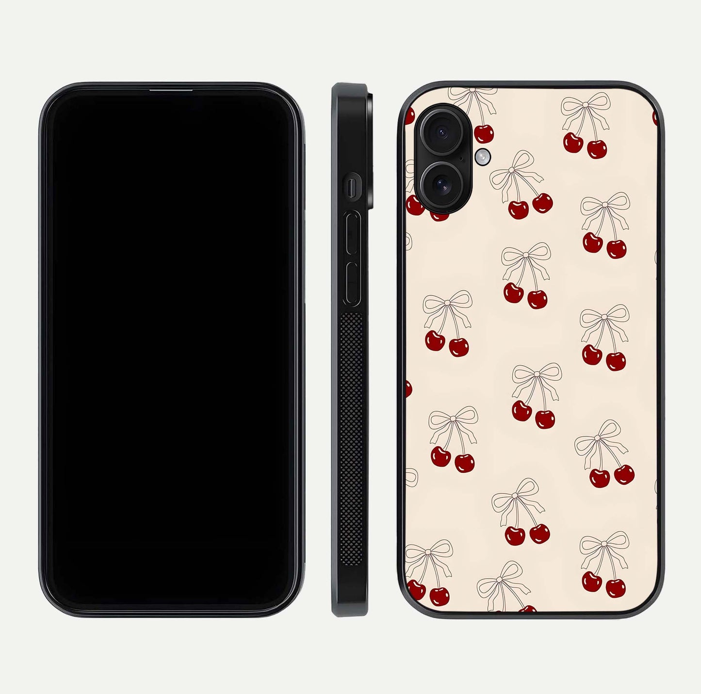 Cute Cherry Pattern Glass Case for iPhone 16 Plus dual-view layout displaying aesthetic fruit print and smooth edges