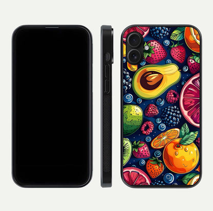 Cute Fruits Art Glass Case for iPhone 16 Plus dual-view layout displaying playful tones and curved design