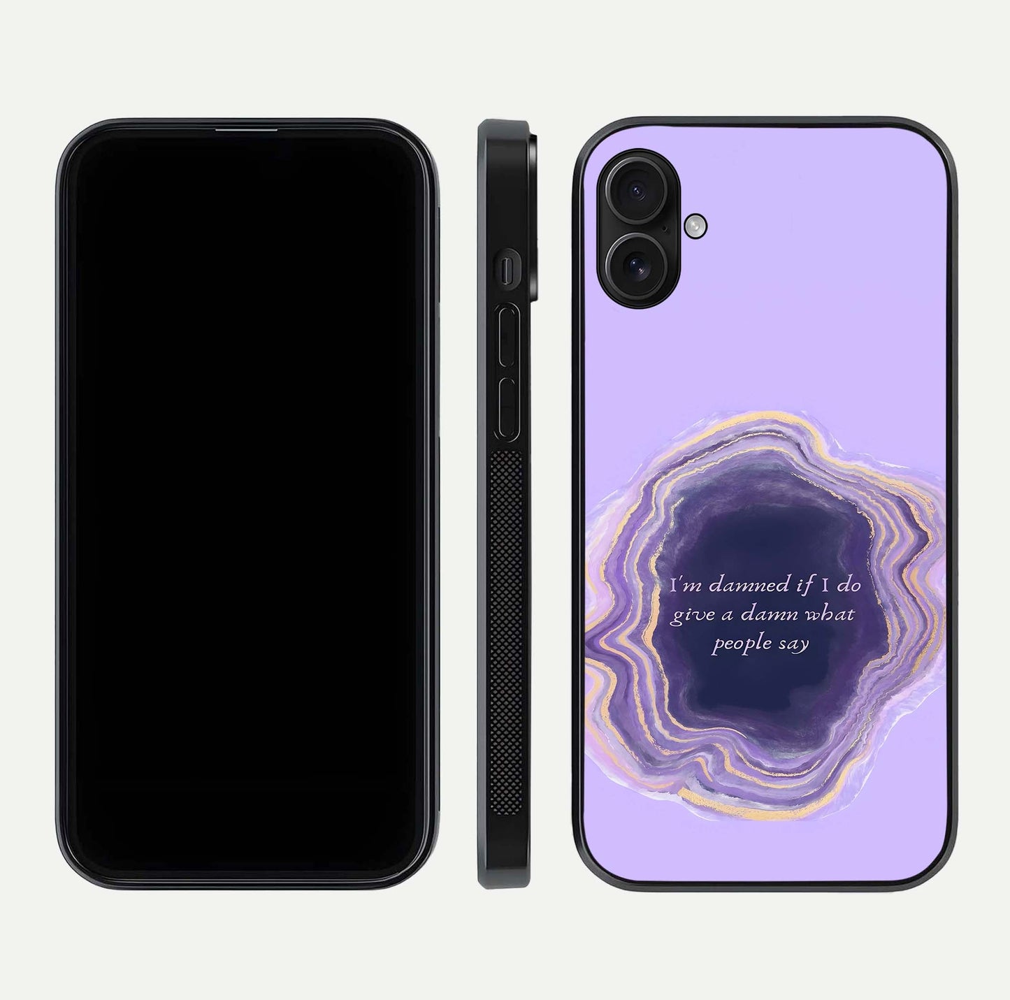 Damned People Quote Glass Case for iPhone 16 Plus dual-view layout displaying modern print and glass clarity