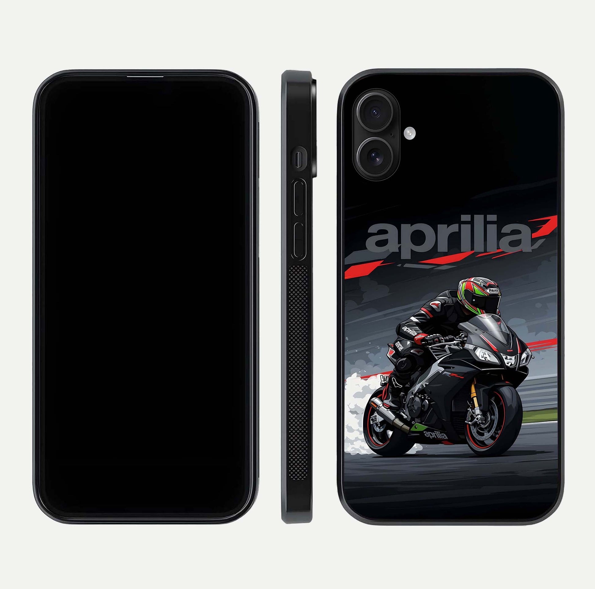 Dark Aprilla Glass Case for iPhone 16 Plus dual-view layout displaying sleek racing look and HD shine