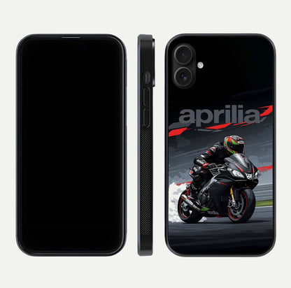 Dark Aprilla Glass Case for iPhone 16 Plus dual-view layout displaying sleek racing look and HD shine