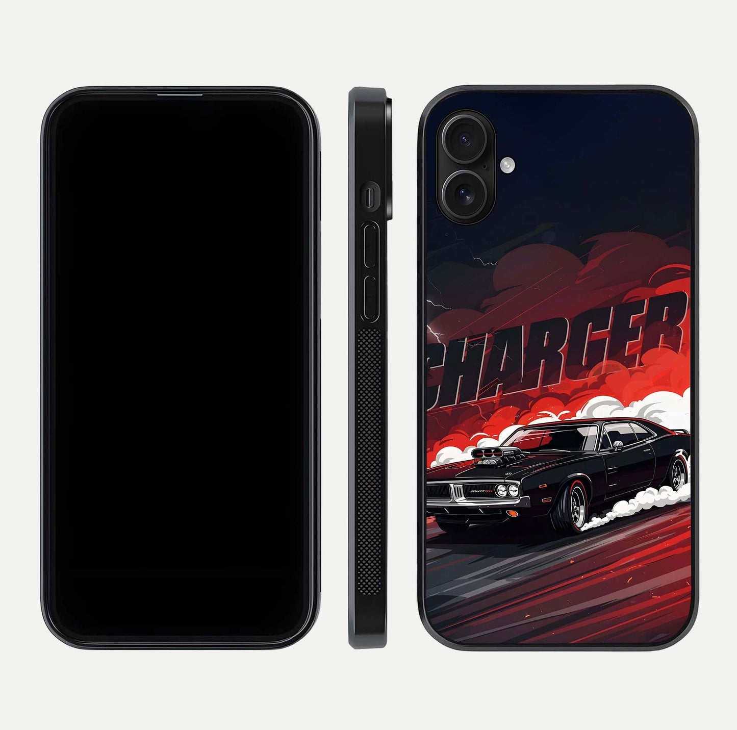 Dark Charger Fury Glass Case for iPhone 16 Plus dual-view layout displaying HD design and polished edges