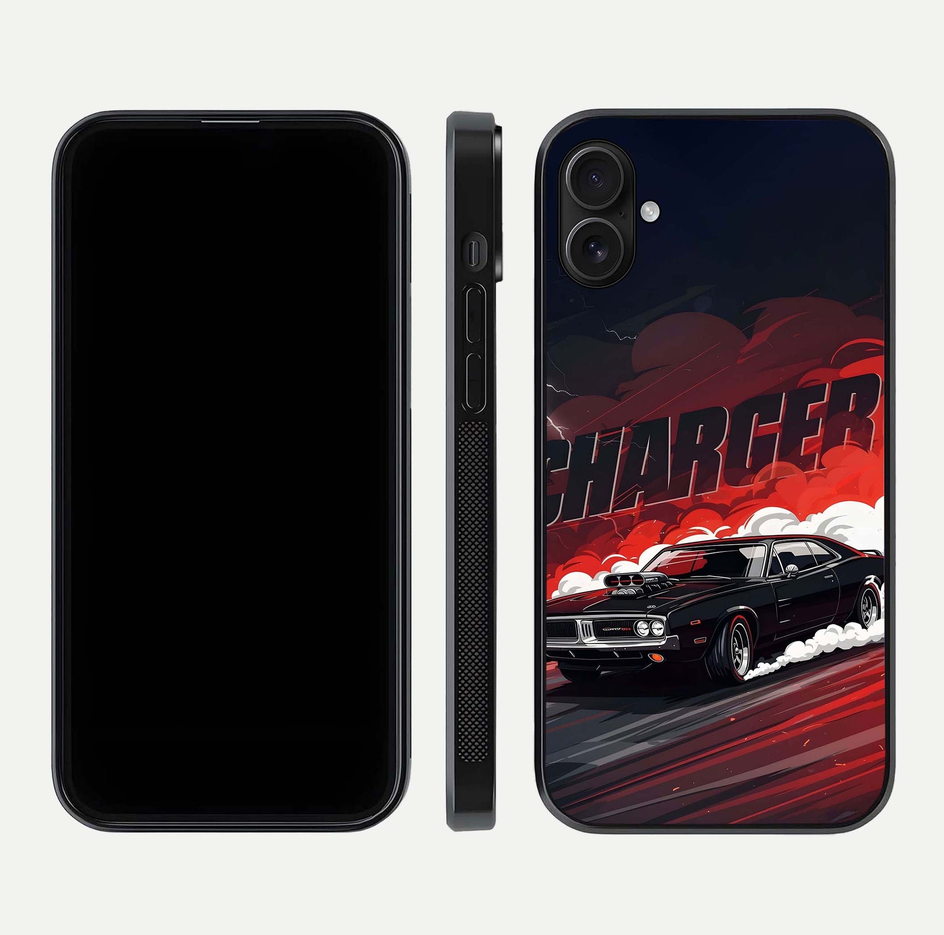 Dark Charger Fury Glass Case for iPhone 16 Plus dual-view layout displaying HD design and polished edges
