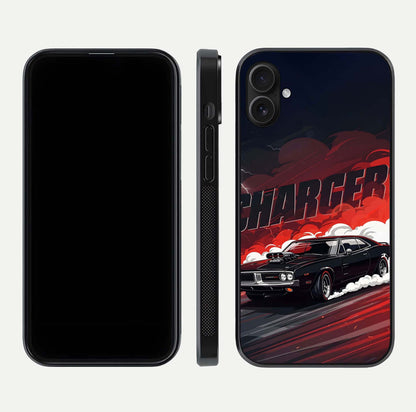 Dark Charger Fury Glass Case for iPhone 16 Plus dual-view layout displaying HD design and polished edges