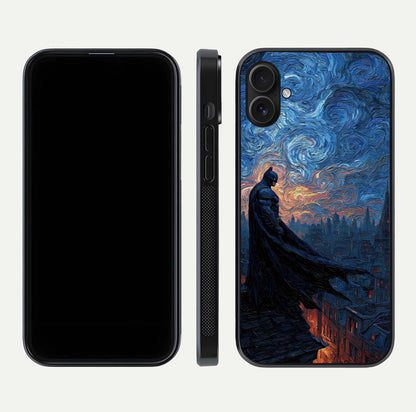 Dark Knight Dusk Glass Case for iPhone 16 Plus dual-view layout displaying HD hero print and curved glass edges