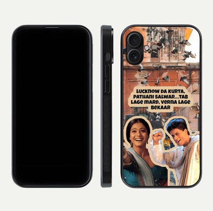 Desi Retro Vibes Glass Case for iPhone 16 Plus dual-view layout showing nostalgic design and smooth glass curve