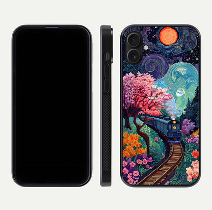 Digital Art Glass Case for iPhone 16 Plus dual-view layout displaying artistic tones and curved glass edge