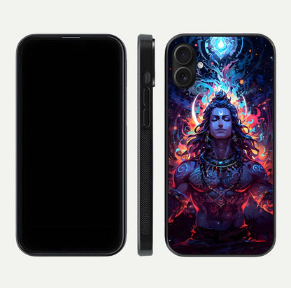 Divine Fire Shiv Glass Case for iPhone 16 Plus dual-view layout displaying HD deity print and curved edges