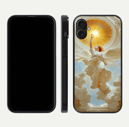 Divine Light Angel Glass Case for iPhone 16 Plus dual-view layout displaying celestial tones and smooth curves