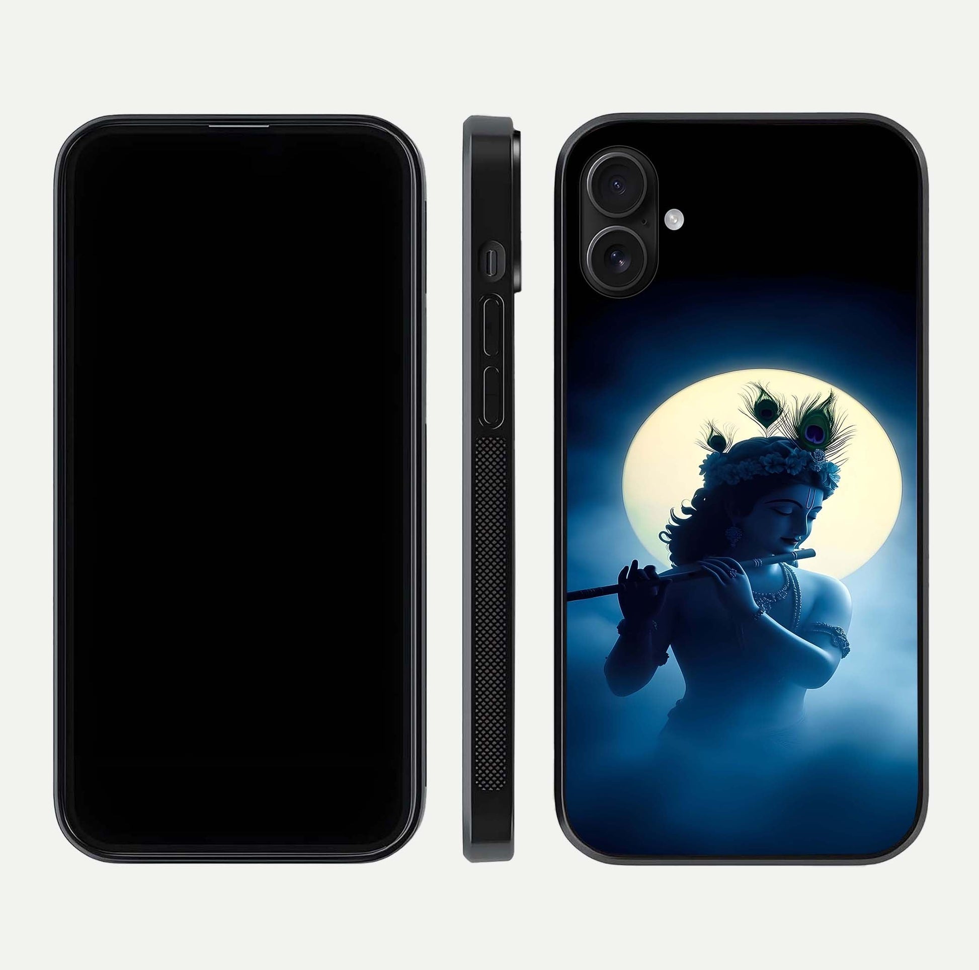 Divine Moon Flute Glass Case for iPhone 16 Plus dual-view layout displaying soft night tones and curved polish