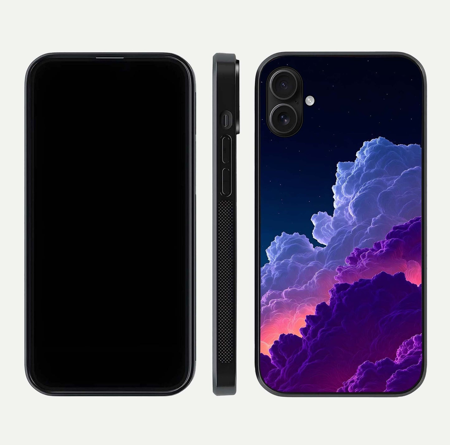 Dreamy Cloud Skies Glass Case for iPhone 16 Plus dual-view layout displaying calm sky art and smooth curve