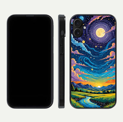 Dreamy Night Landscape Glass Case for iPhone 16 Plus dual-view layout displaying HD print and curved glass edges