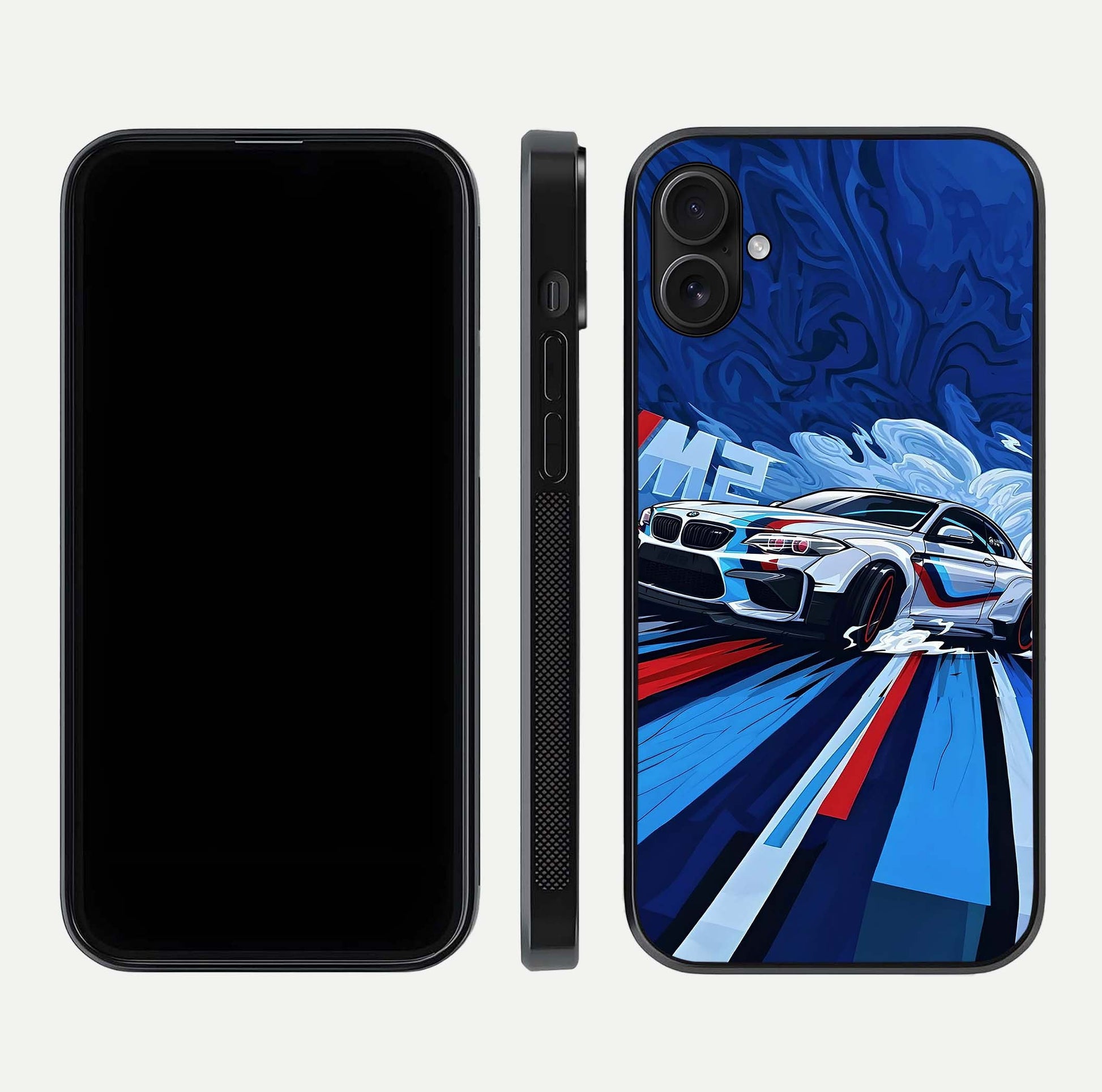 Drift Power Rush Glass Case for iPhone 16 Plus dual-view layout displaying dynamic motion art and HD gloss