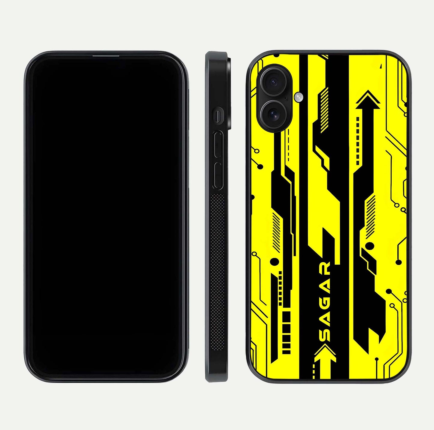 Electric Pulse CYBERPUNK Custom Name Glass Case for iPhone 16 Plus dual-view layout displaying futuristic hues and curved glass edges