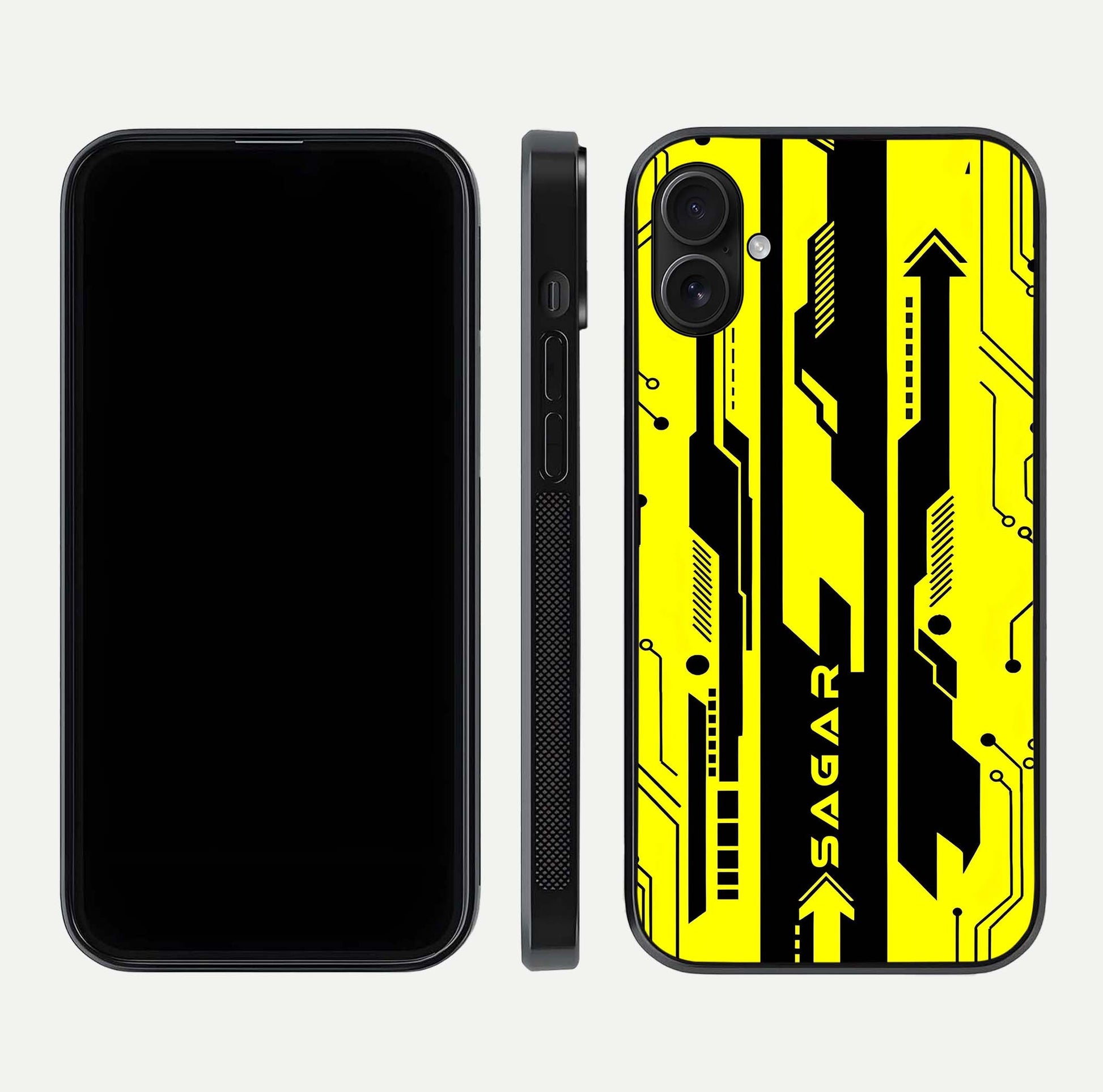 Electric Pulse CYBERPUNK Custom Name Glass Case for iPhone 16 Plus dual-view layout displaying futuristic hues and curved glass edges