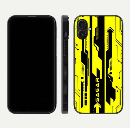 Electric Pulse CYBERPUNK Custom Name Glass Case for iPhone 16 Plus dual-view layout displaying futuristic hues and curved glass edges