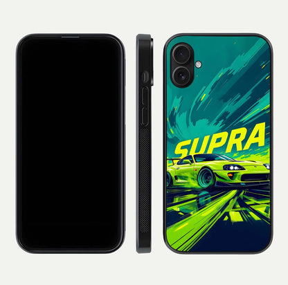 Electric Supra Thunder Glass Case for iPhone 16 Plus dual-view layout displaying dynamic motion art and curved finish