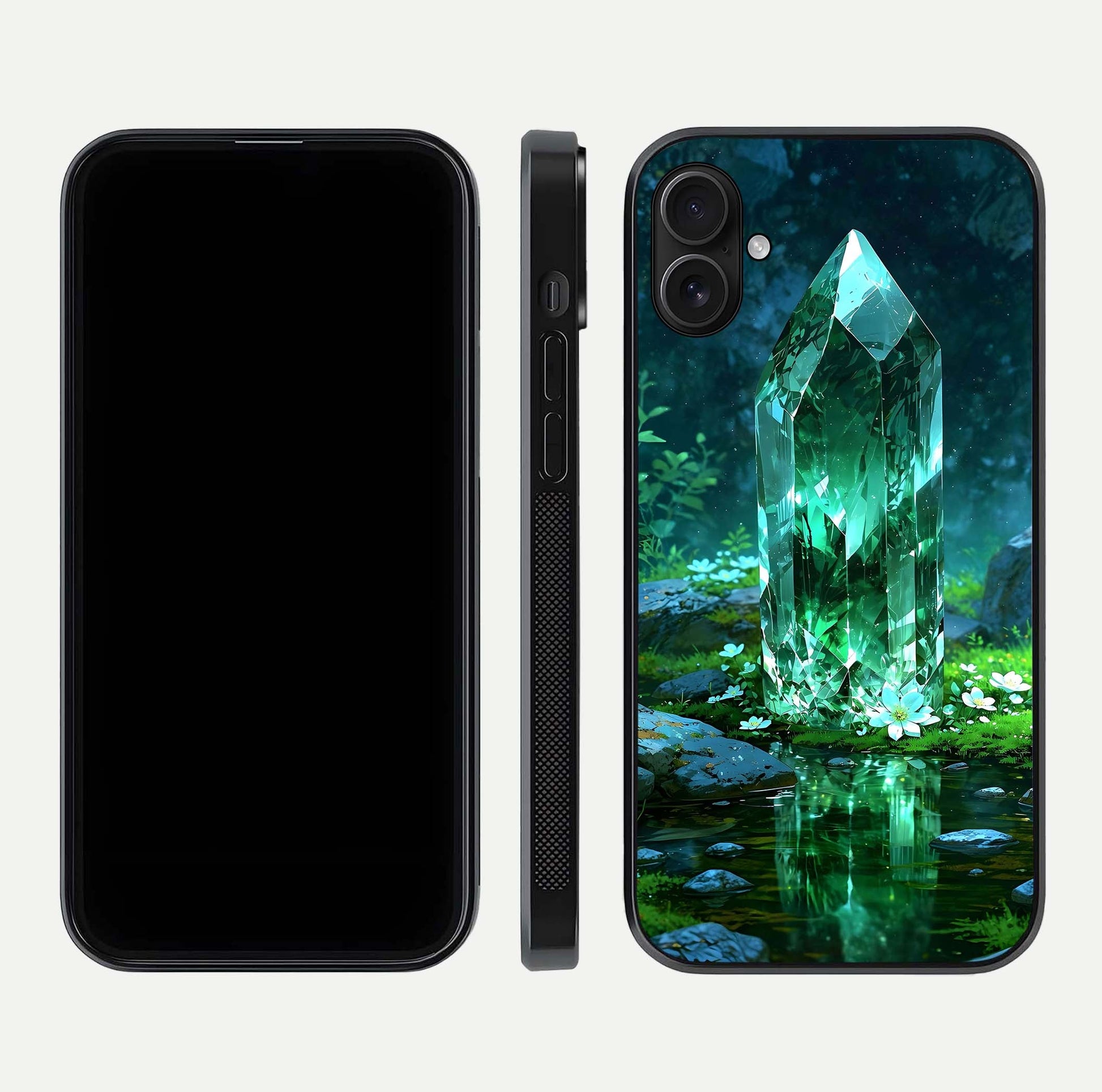 Emerald Light Crystal Glass Case for iPhone 16 Plus dual-view layout displaying gem-like tones and polished edge