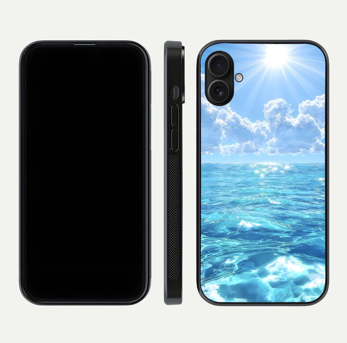 Endless Ocean Horizon Glass Case for iPhone 16 Plus dual-view layout displaying calm seascape and curved edges