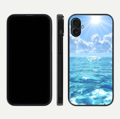 Endless Ocean Horizon Glass Case for iPhone 16 Plus dual-view layout displaying calm seascape and curved edges
