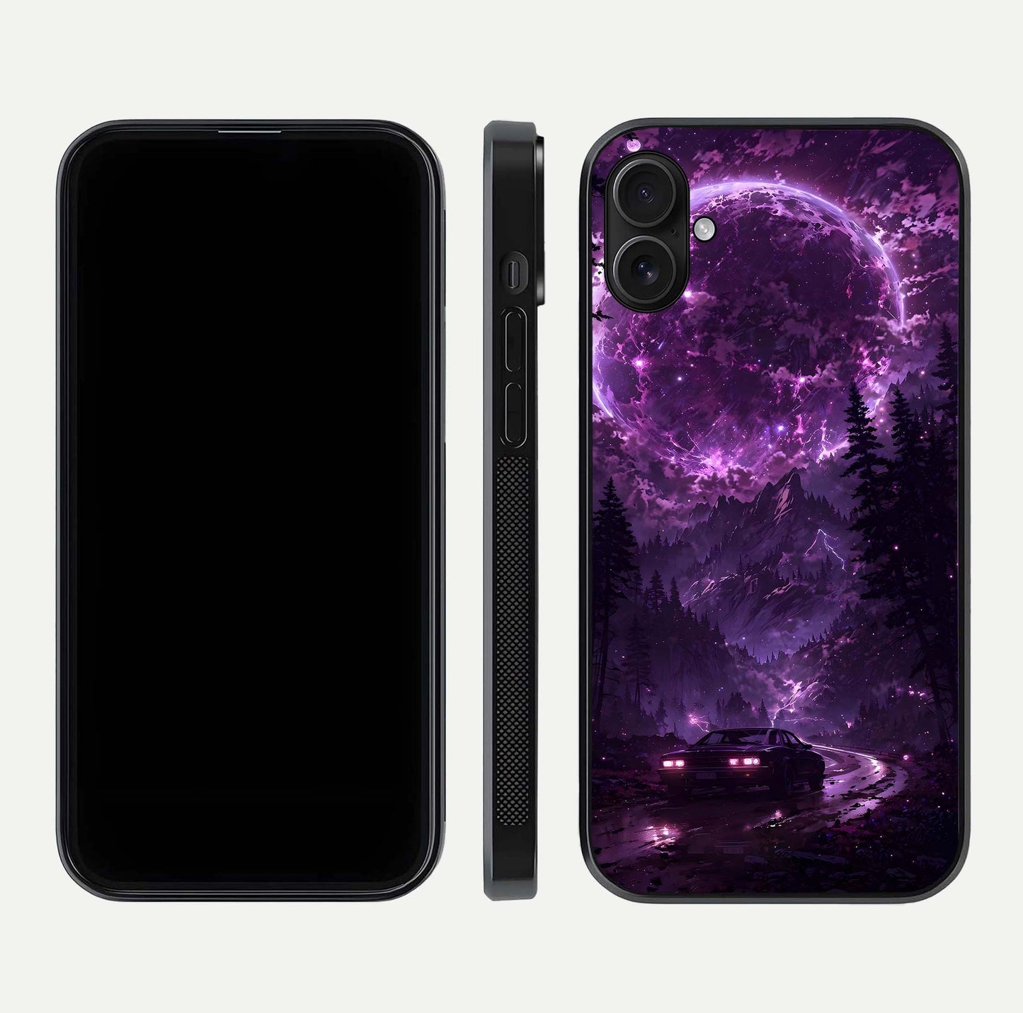 Eternal Cosmic Drive Glass Case for iPhone 16 Plus dual-view layout displaying outer-space tones and curved finish