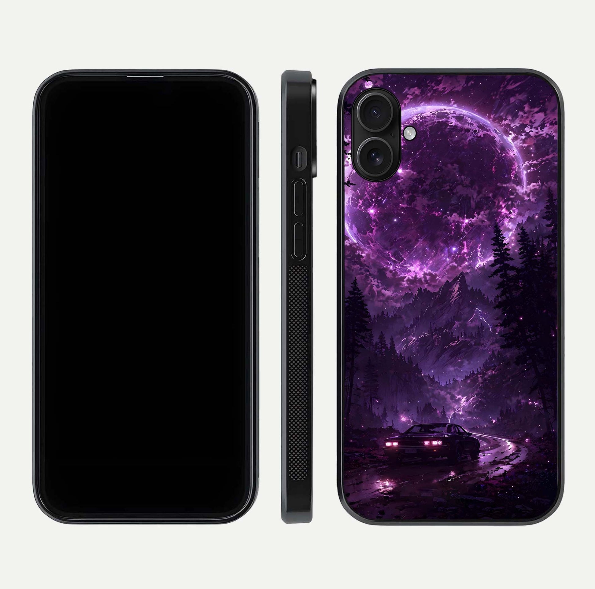 Eternal Cosmic Drive Glass Case for iPhone 16 Plus dual-view layout displaying outer-space tones and curved finish