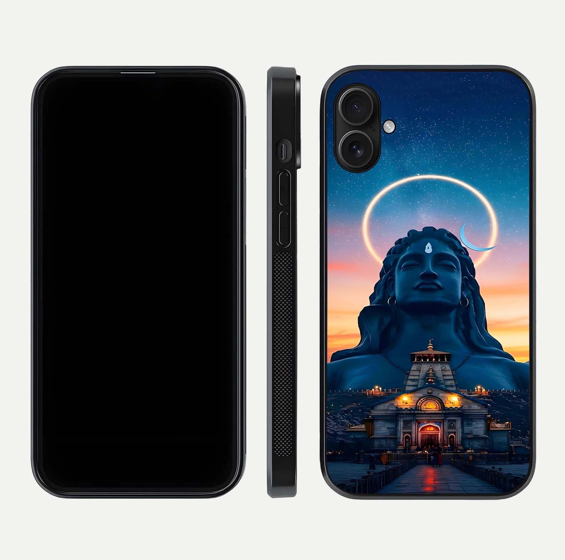 Eternal Shiva Aura Glass Case for iPhone 16 Plus dual-view layout displaying HD deity print and smooth edge