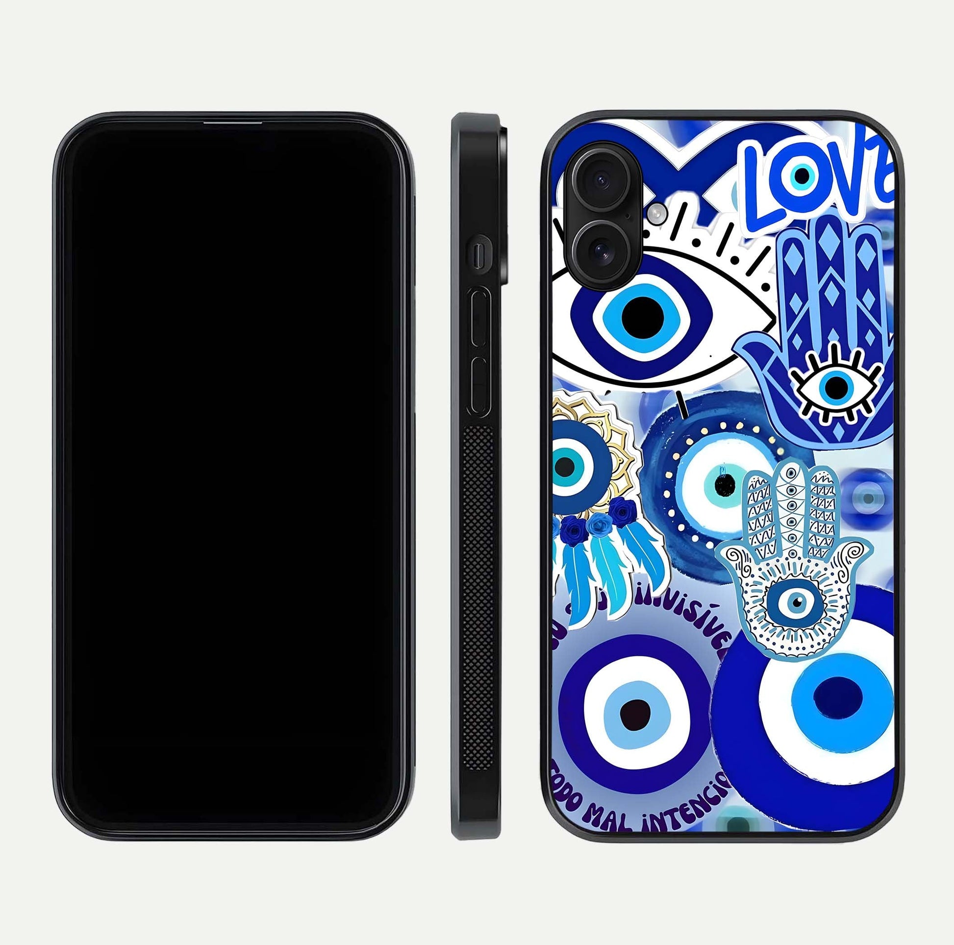 Evil Eyes Dream Glass Case for iPhone 16 Plus dual-view layout displaying spiritual motif and polished curved edge