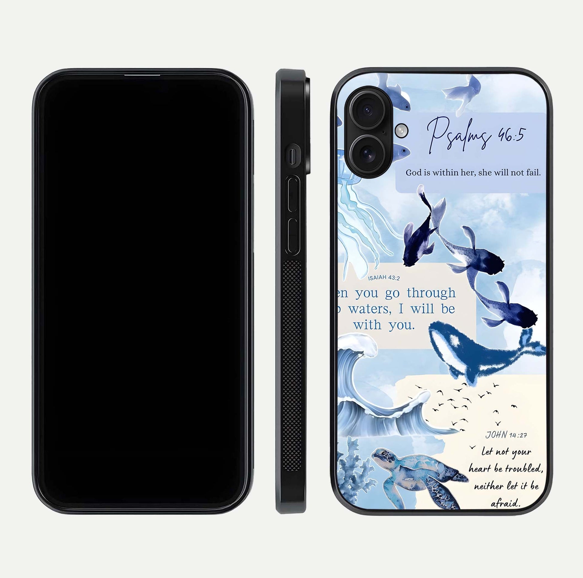 Faithful Ocean Promise Glass Case for iPhone 16 Plus dual-view layout showing sea horizon art and curved polish