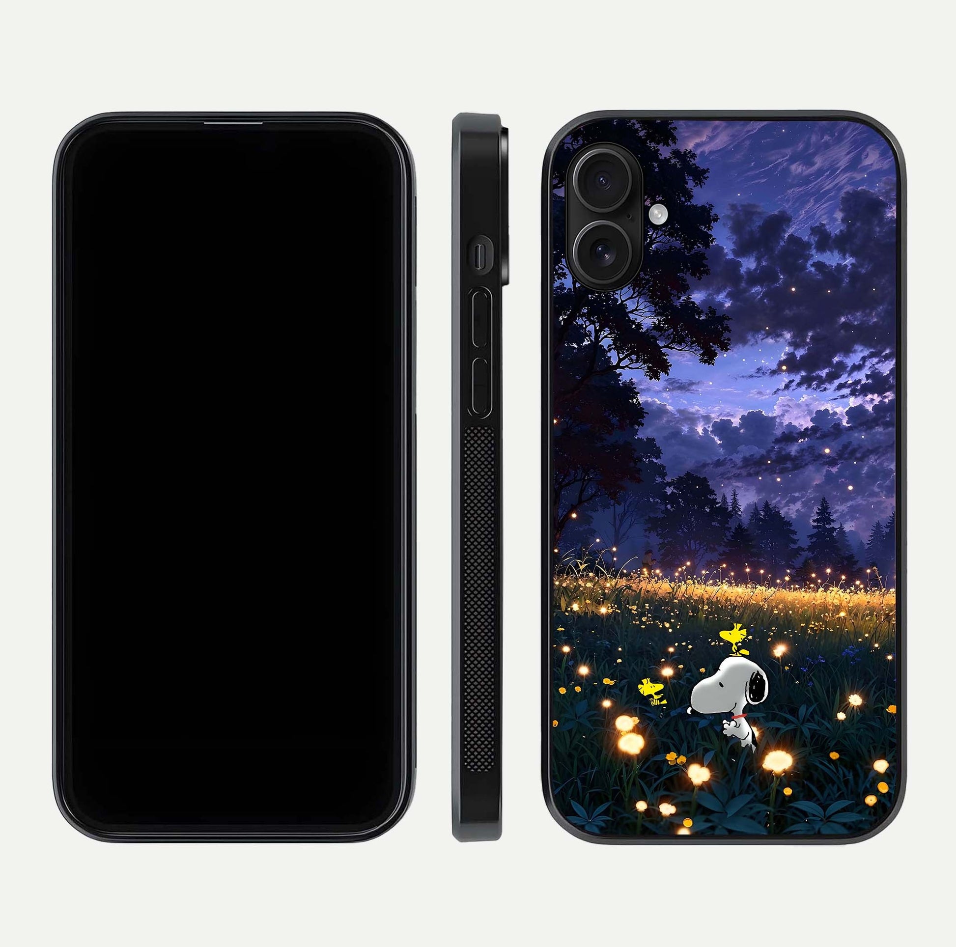 Firefly Meadow Magic Glass Case for iPhone 16 Plus dual-view layout displaying enchanting tones and curved edges
