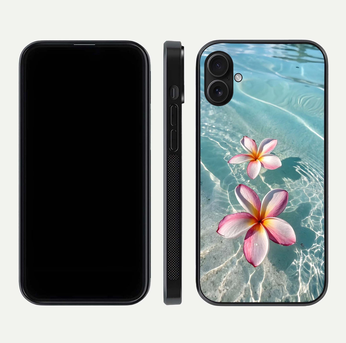 Floating Bloom Bliss Glass Case for iPhone 16 Plus dual-view layout displaying soft pastel flowers and curved glass