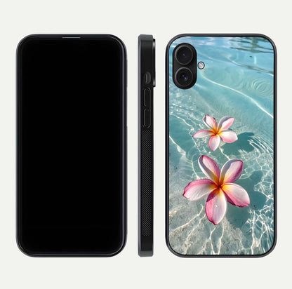 Floating Bloom Bliss Glass Case for iPhone 16 Plus dual-view layout displaying soft pastel flowers and curved glass